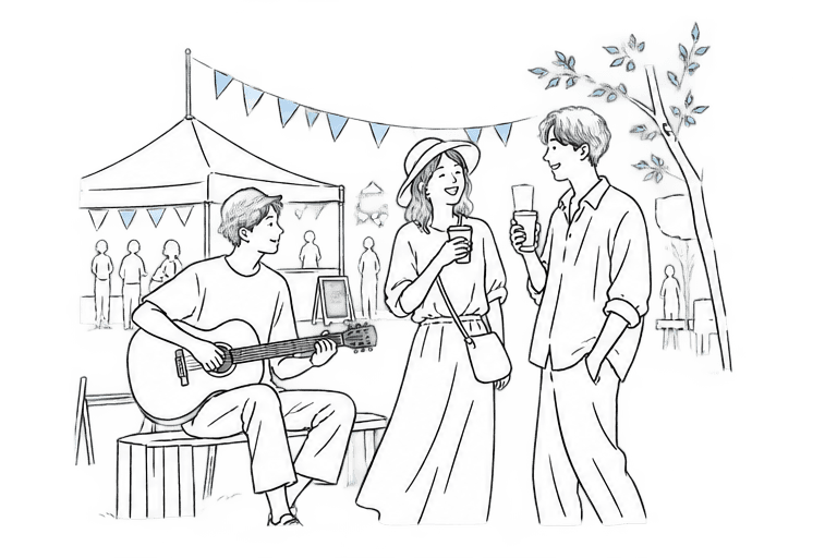 小さな屋外イベントで音楽や会話を楽しむ人々の線画